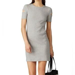 HELMUT LANG‎ Mini Dress Size M Gray Ribbed Cut-Out Short Sleeve T-Shirt Cotton